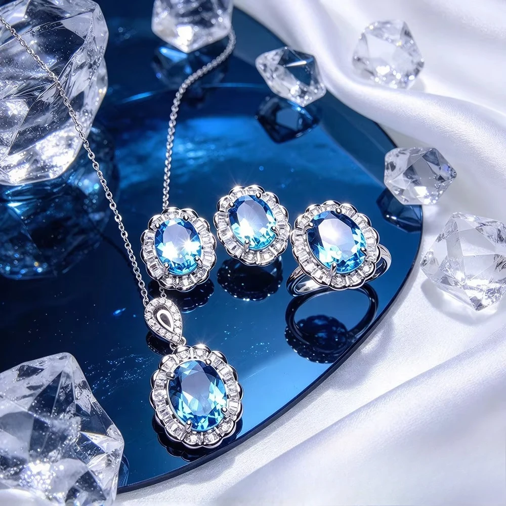 Fashion 925 silver jewelry set with gemstones. Live-streamed best-selling ladies' gemstone rings, earrings and pendants.