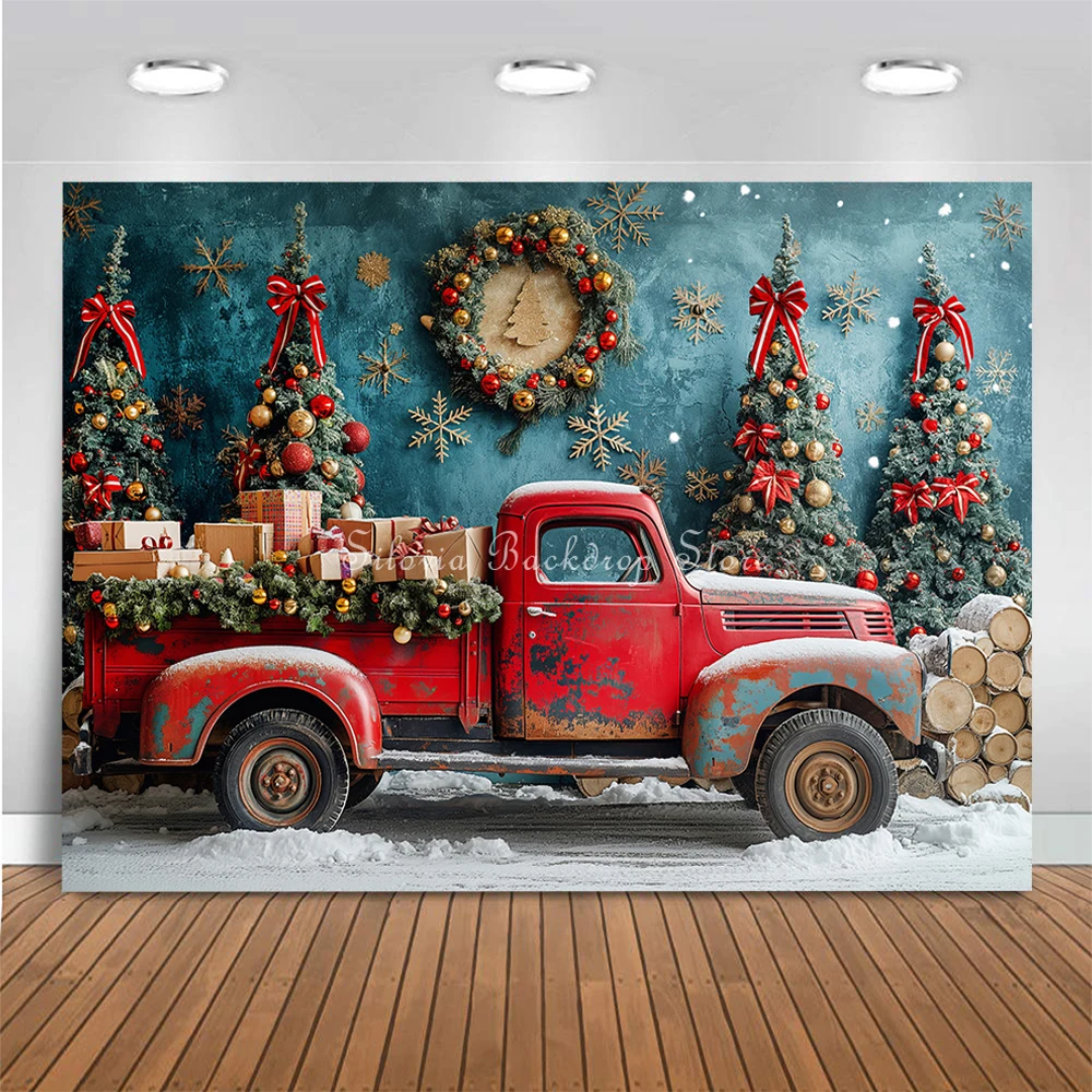 Christmas Red Truck Photo Background Winter Snow Xmas Tree and Gifts Photography Backdrop Kids Portrait Photo Studio Props