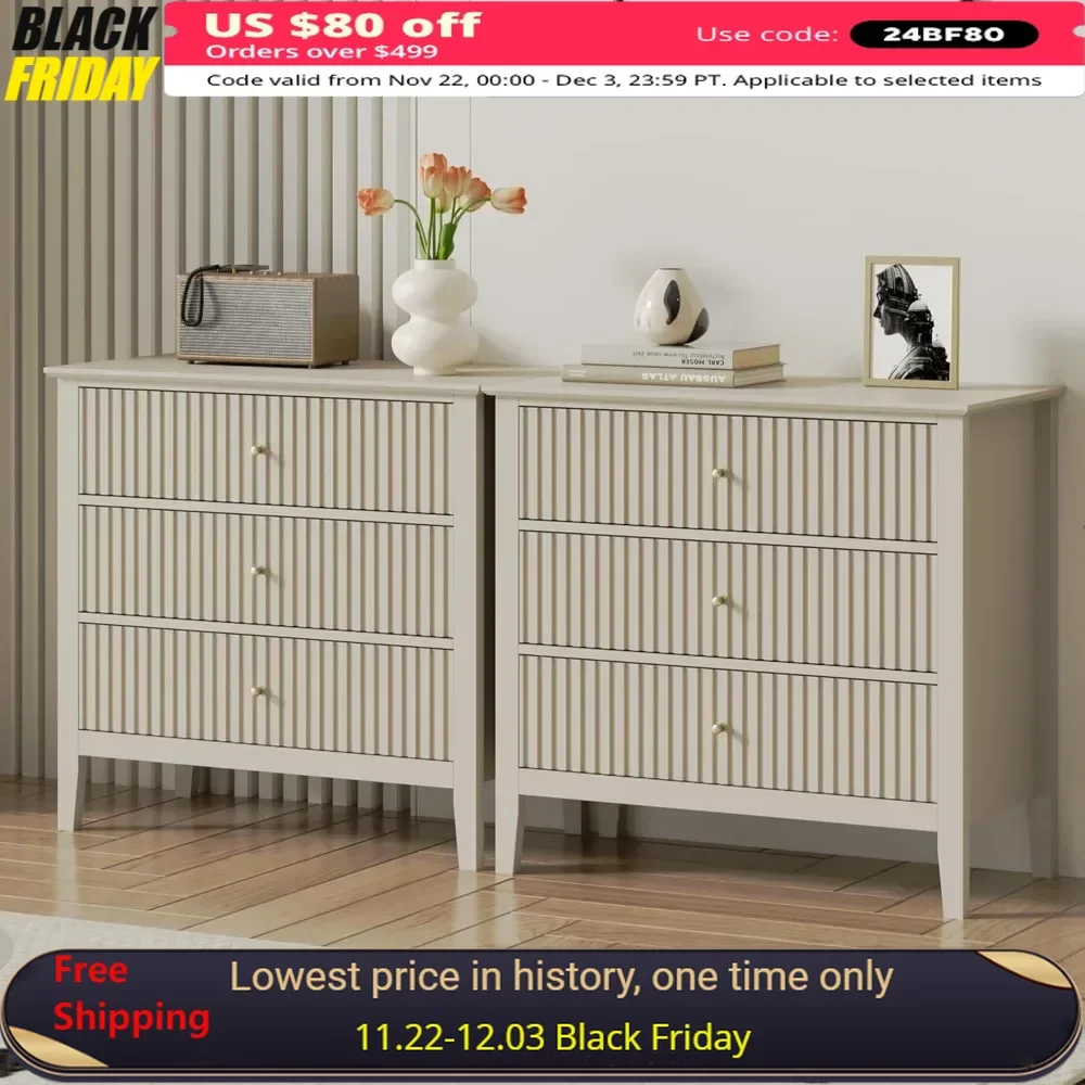 Living Room Cabinet Set of 2, Fluted Chest of Drawers with Storage with Ball Bearing Slide, Living Room Cabinet