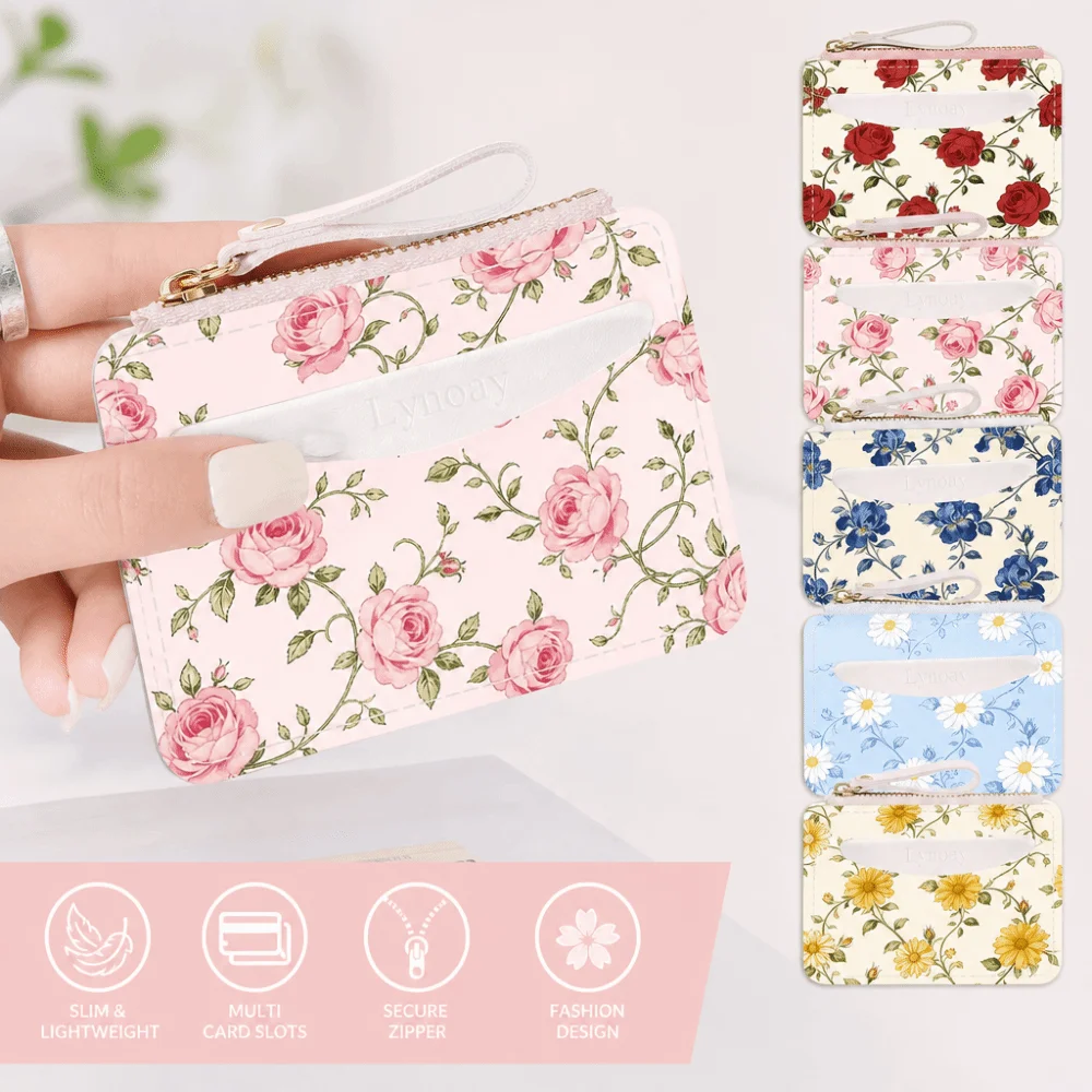 Fashion PVC Credit Card Holder Slim Flower Pattern Zipper Wallet Lightweight Small Card Case for Women Girls