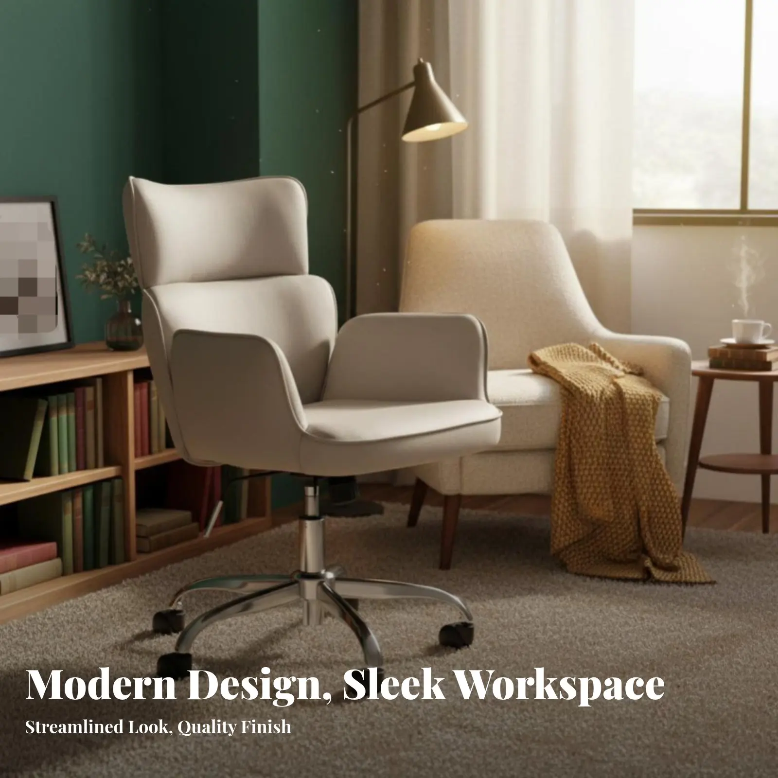 Upholstered rotating Chair Height Adjustable Upholstered Rolling Armchair with Casters Plush Comfort for Women, Girls, Bedroom