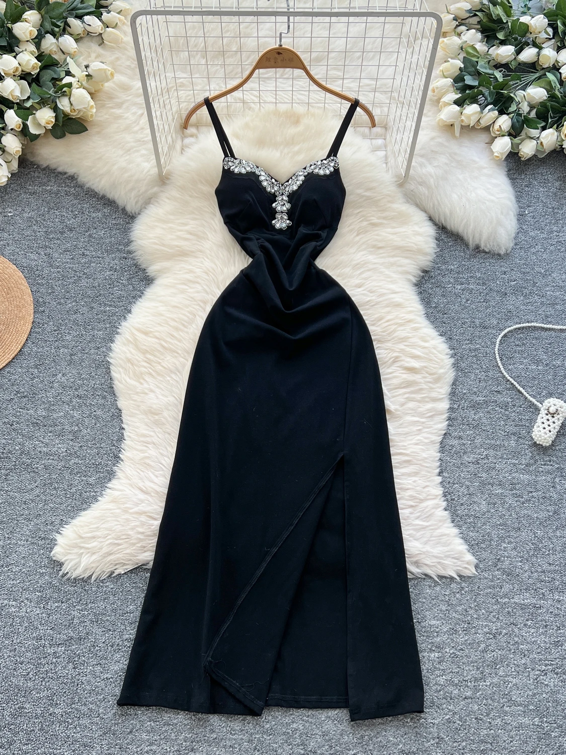 

Women Light Luxury Diamond Suspender Split-ended Slim Long Dress Formal Party Club