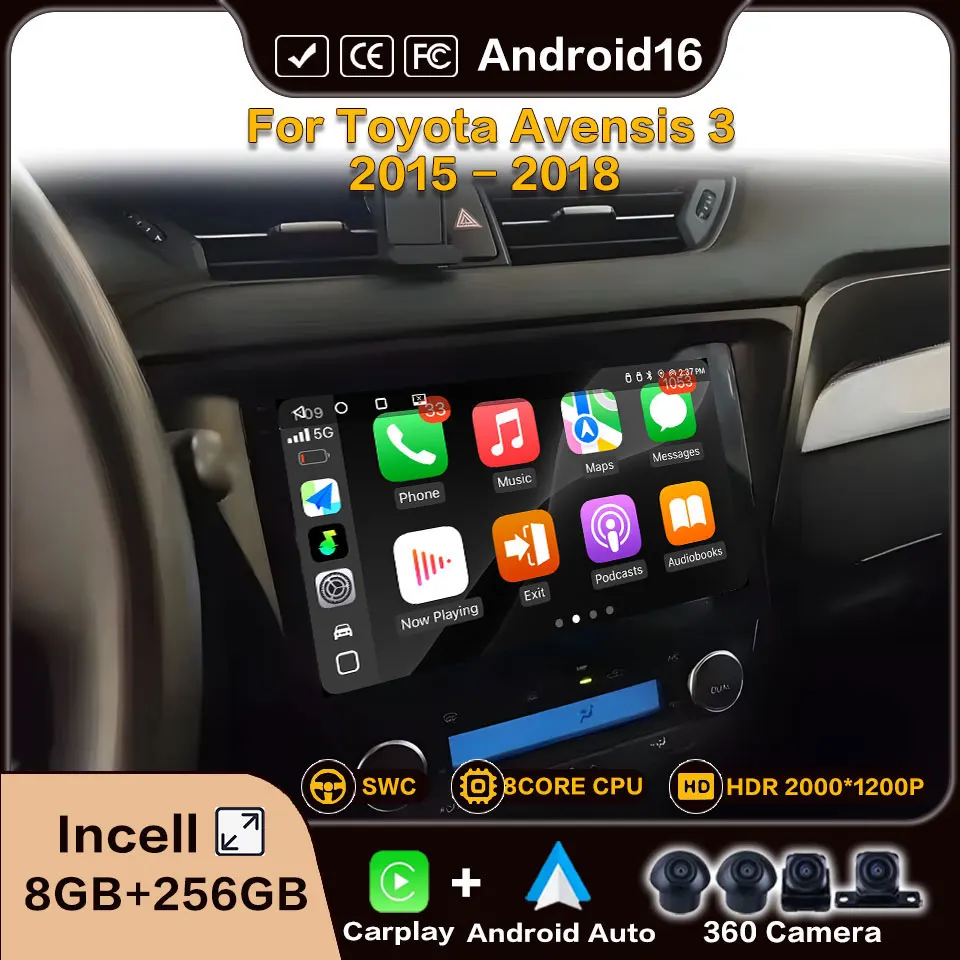 Car Radio Android 16 For Toyota Avensis 3 2015-2018 Carplay Android Auto WireleMultimedia 2 DIN Stereo Head Unit BT Player Video