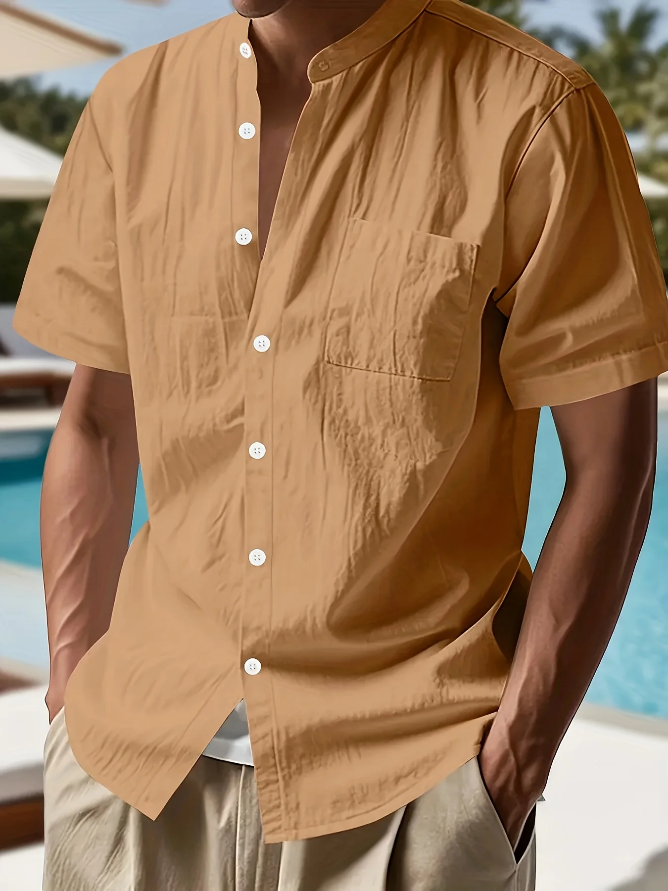 

Nice Men's Lightweight Linen Short Sleeve Shirt Breathable Summer Casual Button-Up With Chest Pocket For Poolside Or Beachside