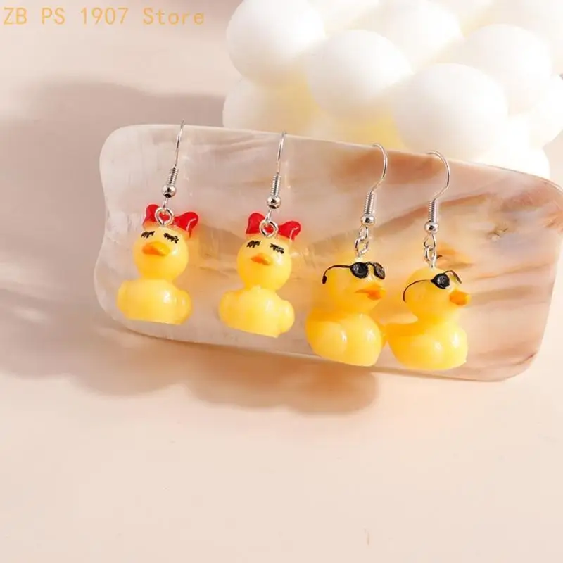 4Pairs Yellow Duck Shaped Dangle Earrings Animal Inspired Ear Rings Unique Earwears Versatile Ear Adorments for Women 55KA