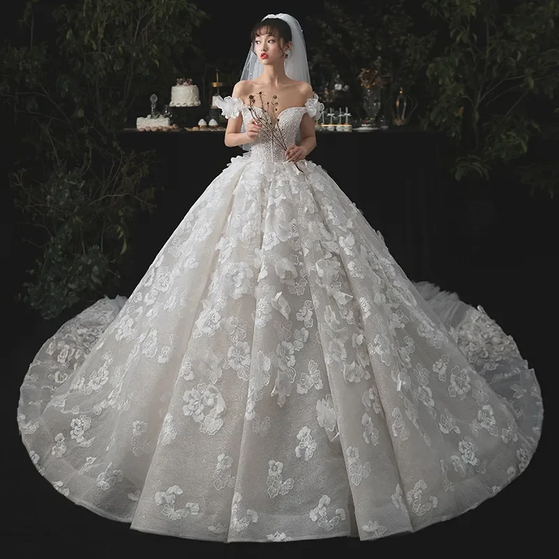 

Romantic Bridal Gown with Shoulder Bared Short Sleeves Backless Embellished Lace Beads Shiny Royal Train Customizable Ball Dress