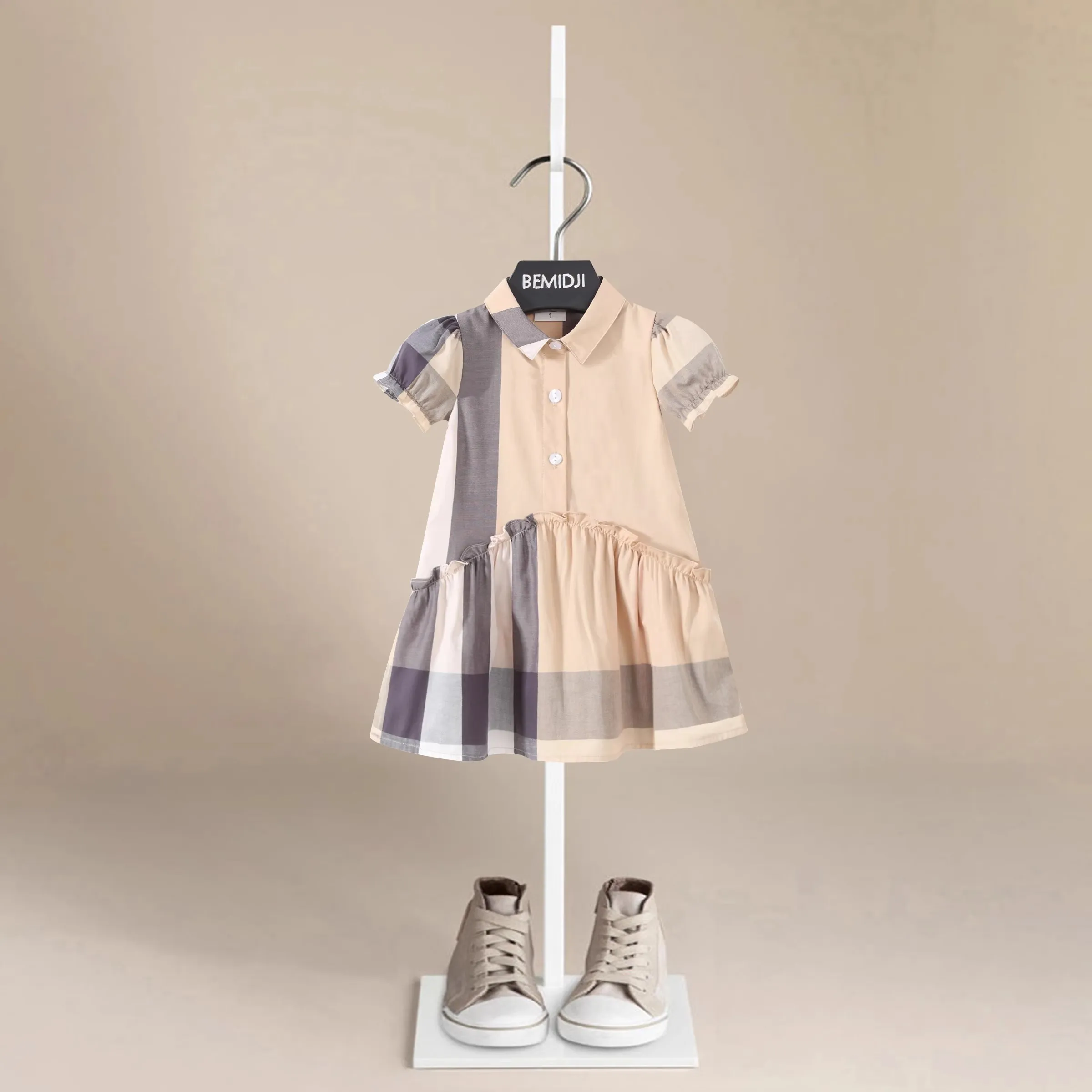 

Мягкое платье-рубашка принцессы для малышей, летнее хлопковое платье с короткими рукавами для девочек, полосатая рубашка с объемными рукавами, детская одежда принцессы