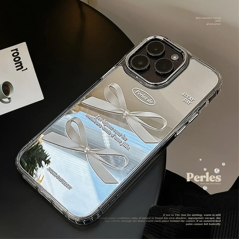 

Mirror surface is suitable for iphone16 Pro mobile phone case max three-dimensional pearl bow iphone15 temperament