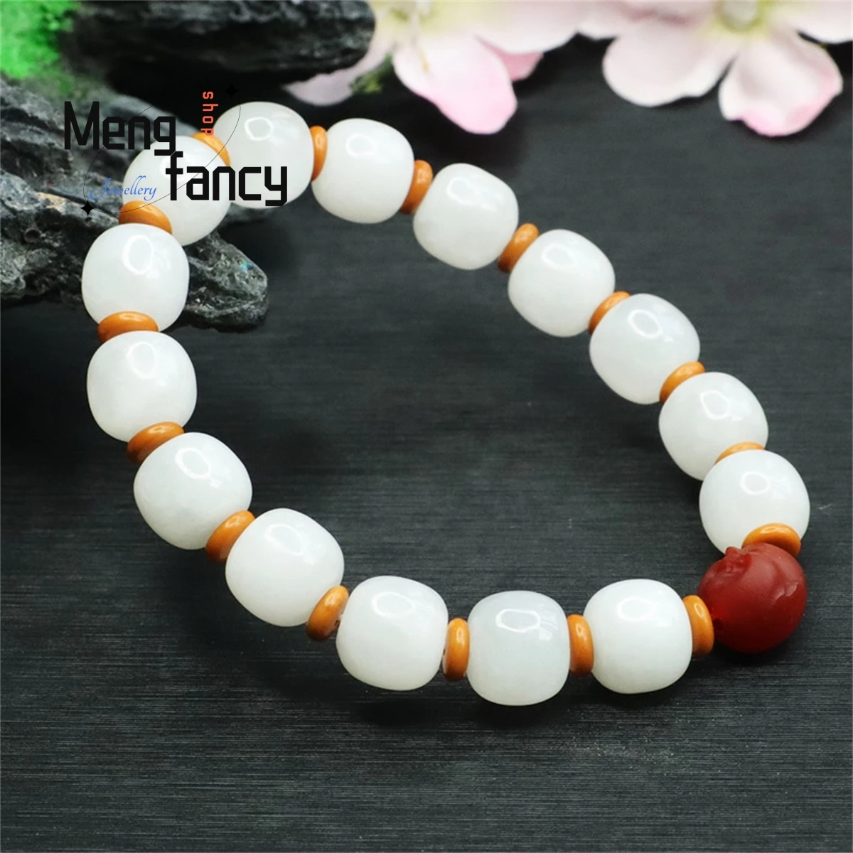 

Natural Genuine Hotan White Jade Barrel Zhulu Road South Red Buddha Public Bracelet Simple Personalized Fashion Luxury Jewelry