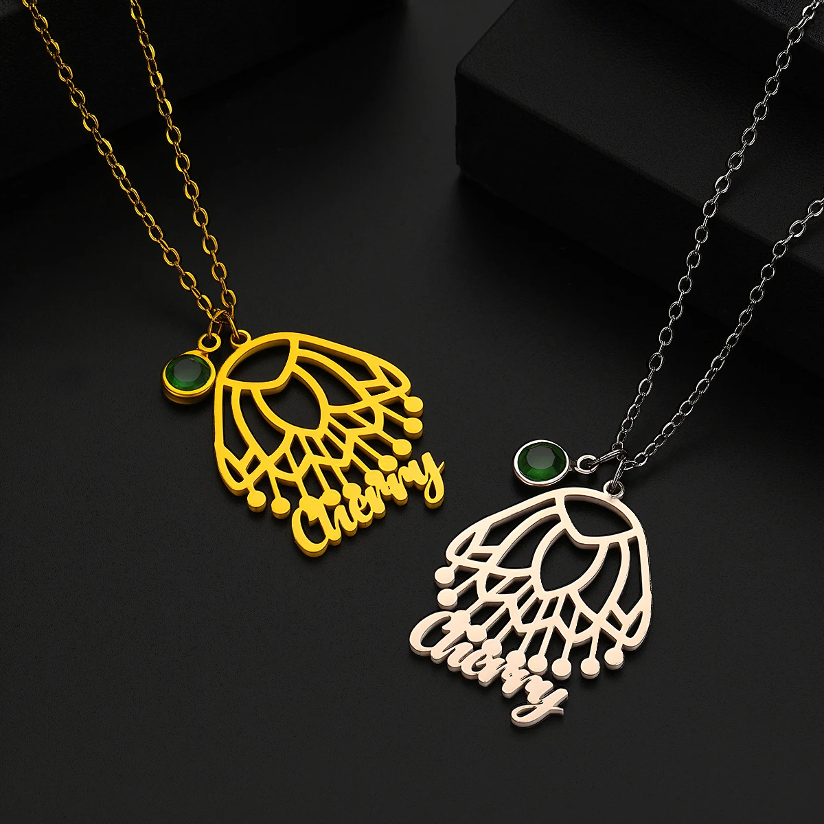QIAMNI Boho Custom Name Peacock Feathers Bird Wings Pendant Necklace Stainless Steel Birthstone Nameplate Choker Party Jewelry