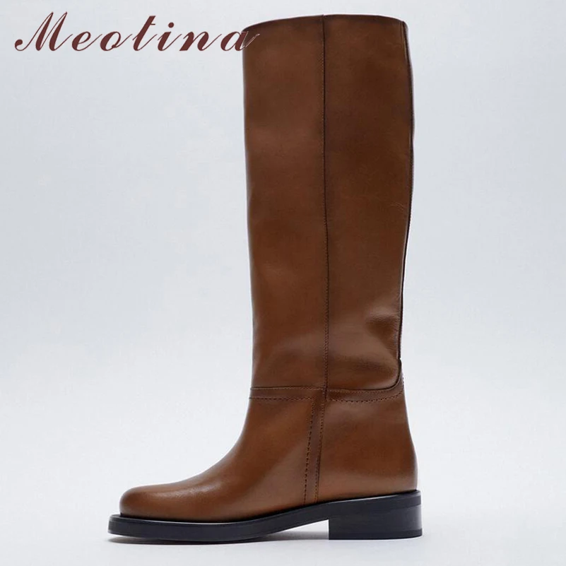 

Meotina INS Women Genuine Leather Riding Boots Med Heel Round Toe Shoes Thick Heel Knee High Boots Lady Autumn Winter 42 Brown