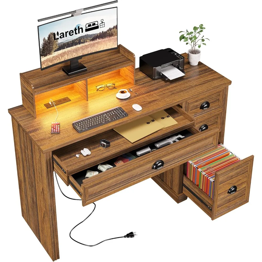 

Farmhouse Computer Desk with Monitor Stand 47 inch Home Office Desk with LED Lights and Power Outlets, Writing Desk with Storage