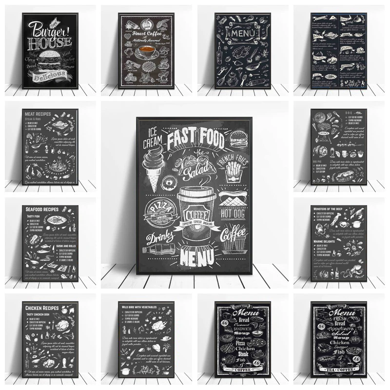 

Black and White Slogan Food Canvas Paintings Chalk Posters and Prints Wall Art Pictures for Kitchen Room Wall Decoration Cuadros