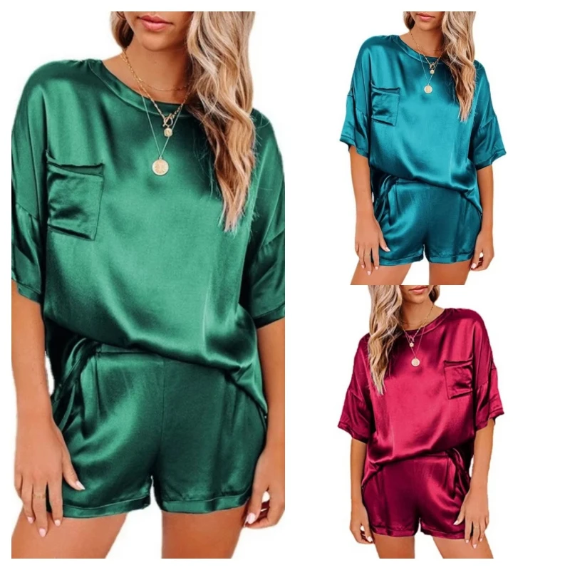 Europe and America Women's Pajamas Short Sleeved Shorts Ice Silk Senior Round Neck Sleeepwear Casual Homewear Set Nightwear