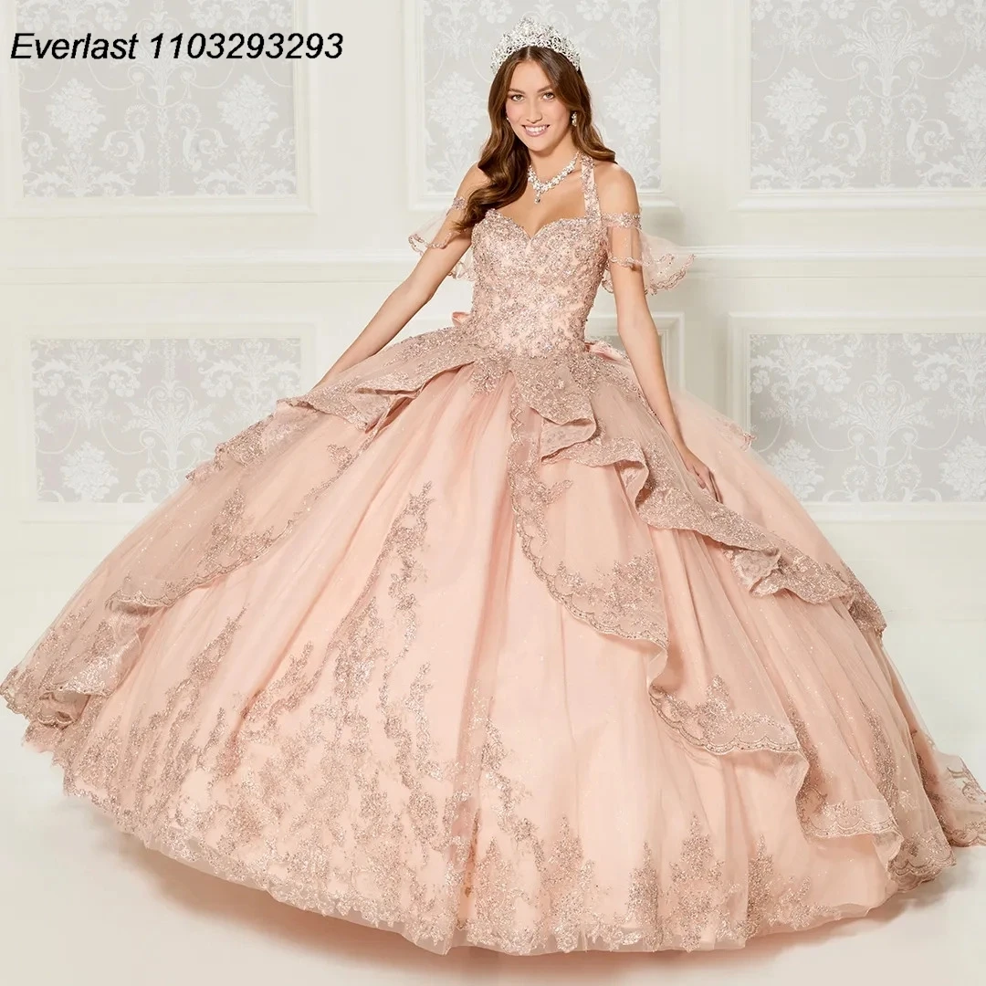 EVLAST Glitter Blush Pink Quinceanera Dress Ball Gown Lace Applique perline con fiocco corsetto Sweet 16 Vestido 15 De asenos TQD232