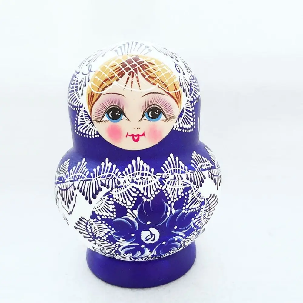 10Pcs/Set Xmas Festival Gift Wood Russian Nesting Blue Floral Print 10 Layer Matryoshka Wooden Handmade Cartoon Stacking