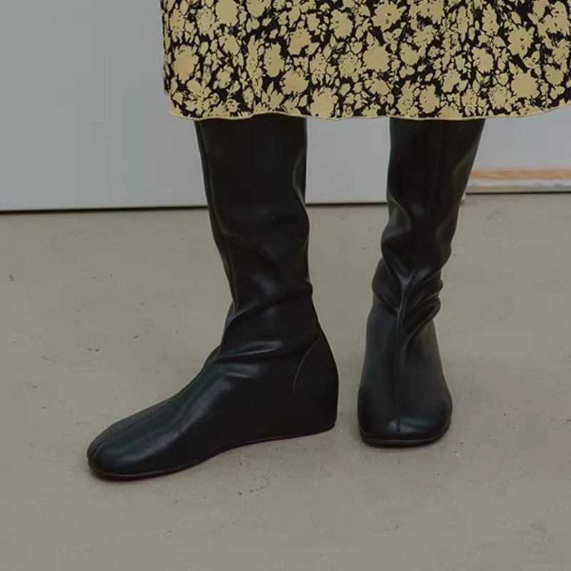 2025 New Women High Boots Flats Leather Shoes Fashion Winter Chelsea Knight's Boots Party Brand Woman Shoes Casual Botas Mujer