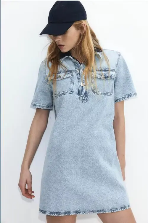 

BB6463 ZA25 Summer New Women's College Style POLO Collar Loose Light Blue Short sleeved Cowboy Dress 1274311