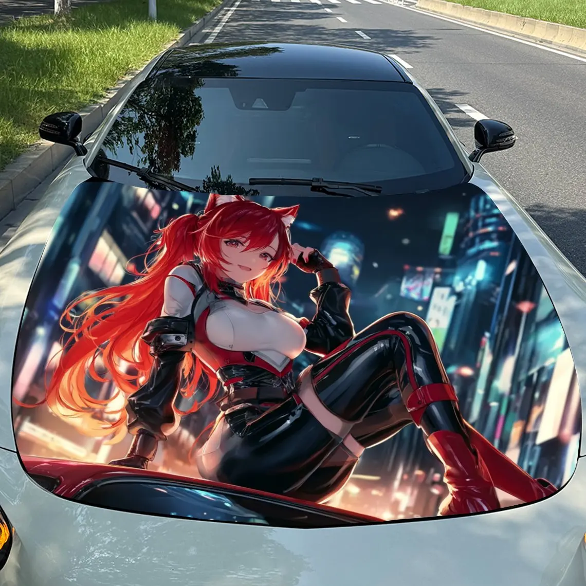 Cyber Metropolis Trendy Style Neon Cat Girl Car Vinyl Wrap, PVC Material Waterproof Car Hood Sticker, Self-Adhesive Scratch-Resi