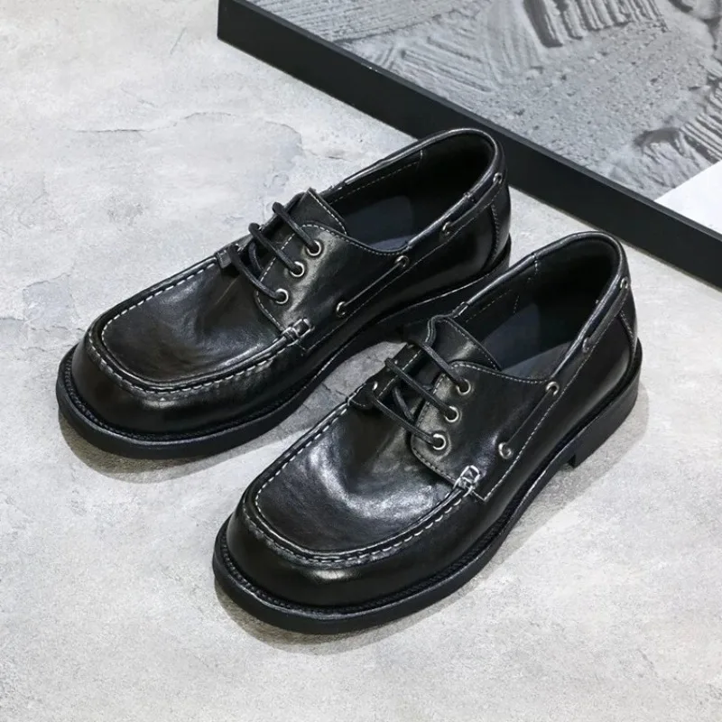 

Designer Luxury Handmade Sailing Shoes Men's Retro Washed Genuine Leather Office Casual Black Loafers Male Dress Derby Shoes