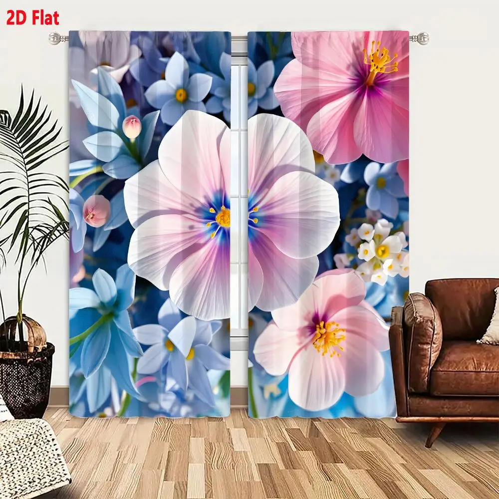 2Pcs Curtains 2D Flat Dreamy Soft Pastel Flowers Arrangement with White Pink Purple Blue Blooms Yellow Centers Leafy Structures