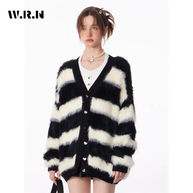 Korean Harajuku Oversized V-neck Mohair Cozy Knitted Cardigan Women Striped Single Breasted Sweater Coat Trendy Spring Fall 2024