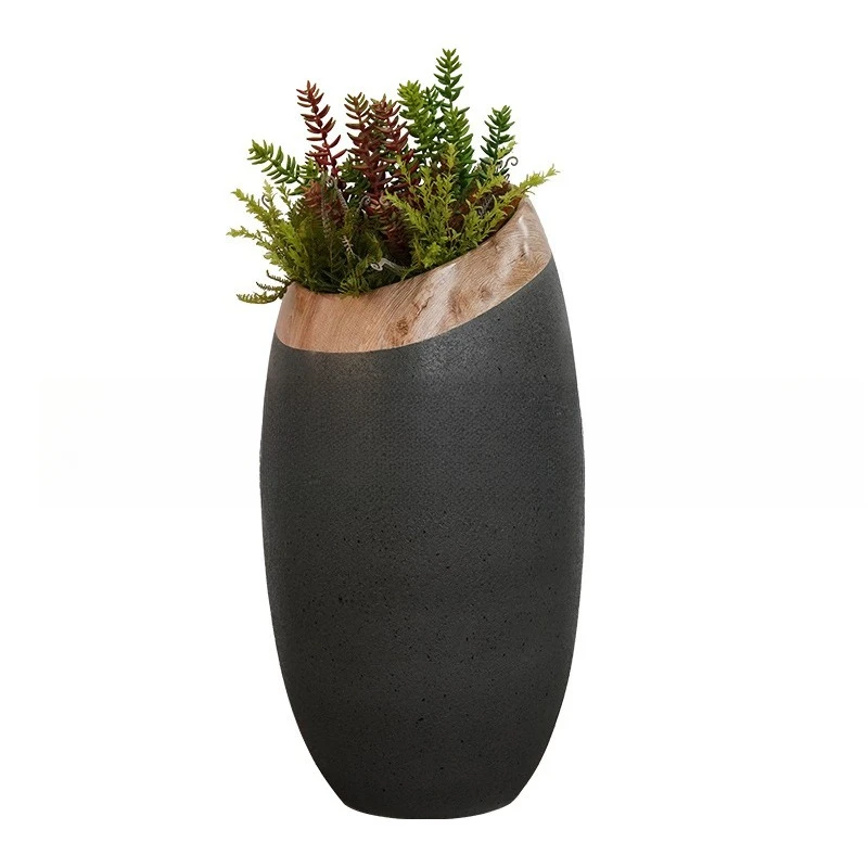 

two color, wood grain, round, vase, indoor, shopping mall, green plants, potted plants, floor to ceiling, fiberglass