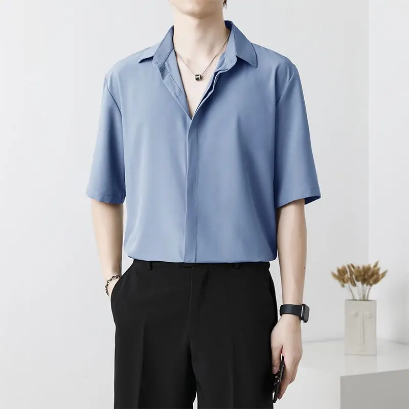 2024 New Summer High End Handsome Fashion Cool Style Flip Collar Buckle Casual Loose Oversize Ice Silk Solid Color Shirt for Men