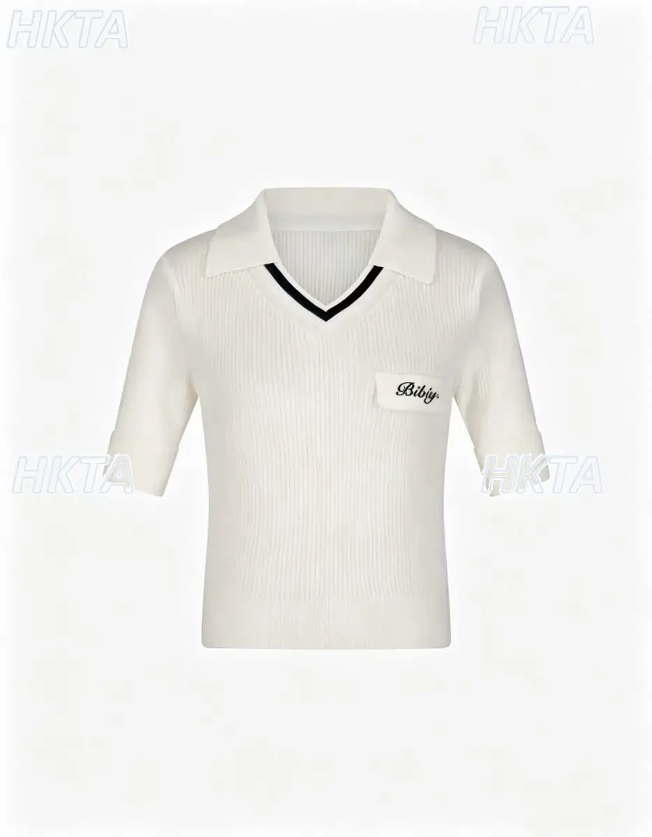Japanese Contrasting Color V Neck Polo Short Sleeved Knitted T Shirt summer Temperament Slim Letter Embroidered Tshirt Top Women
