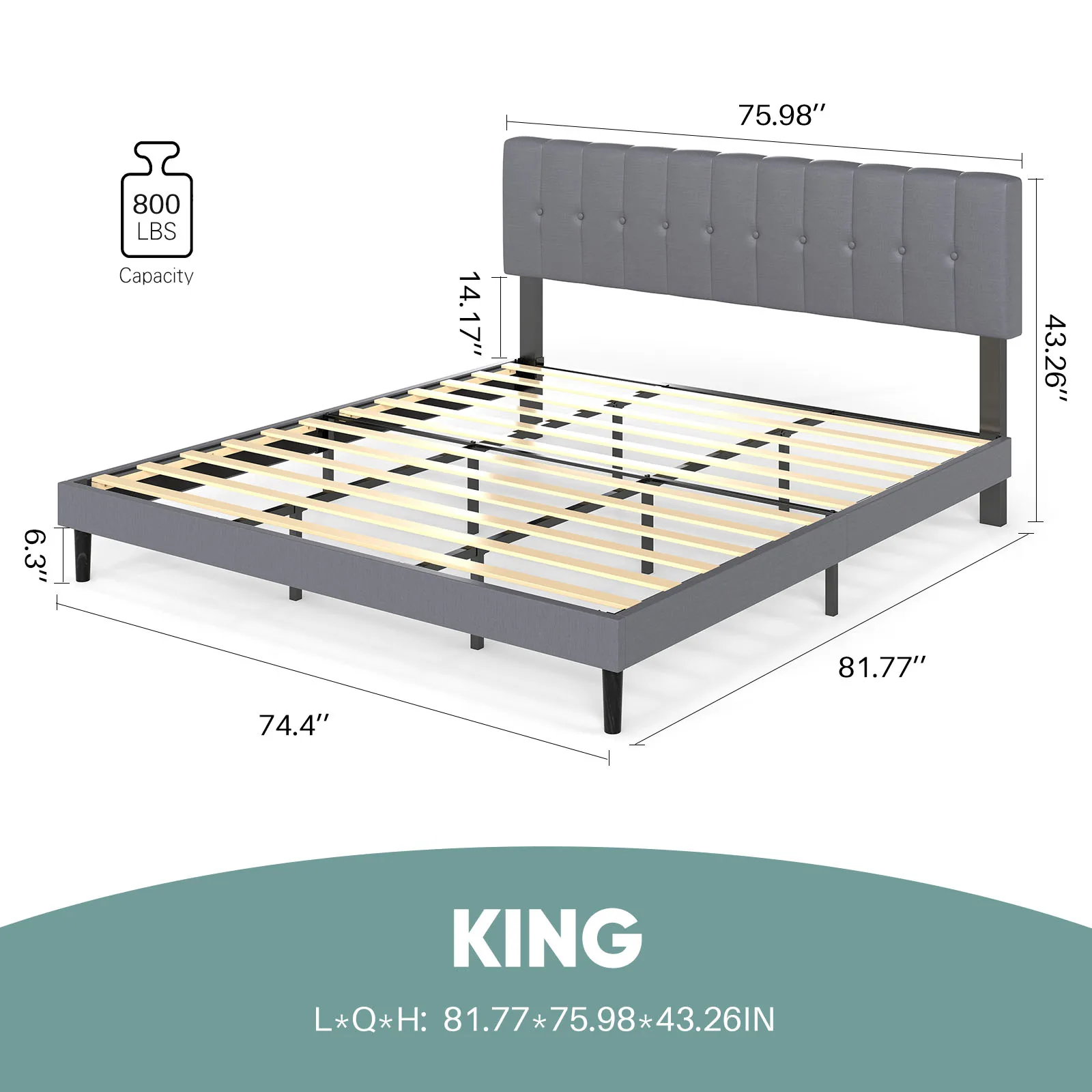 JHK King Wooden Solid Bed Frame with Fabric Upholstered 800LBS Sturdy Slats Support Spring Needed Easy Assembly For Bedroom image 2