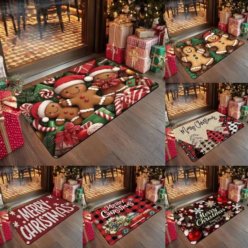VIKAMA Christmas Door Mat Gingerbread Man Santa Car Print Multi Design Entryway Mat Non Slip Holiday Winter Cozy Indoor Decor