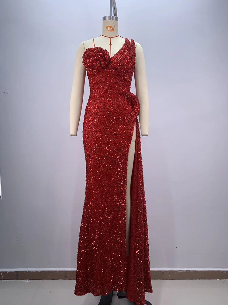 Sexy Deep V Neck 3D Flowers Crystal Design Maxi Dress Women Shiny Red Sequins High Split Ling Dresses Evening Party Gowns