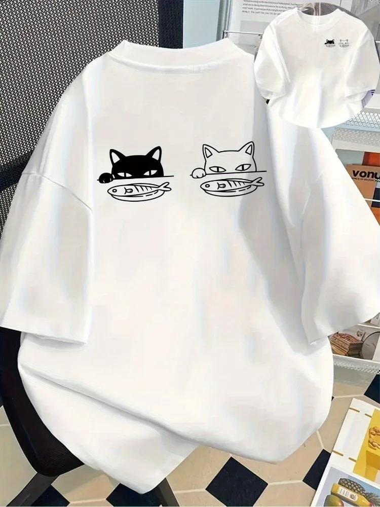 White Cat and Koi PrintedTshirt Japanese Fortune Cat and Koi Double Sided Pattern Casual Round Neck Short Sleeve Fashion Fun Top