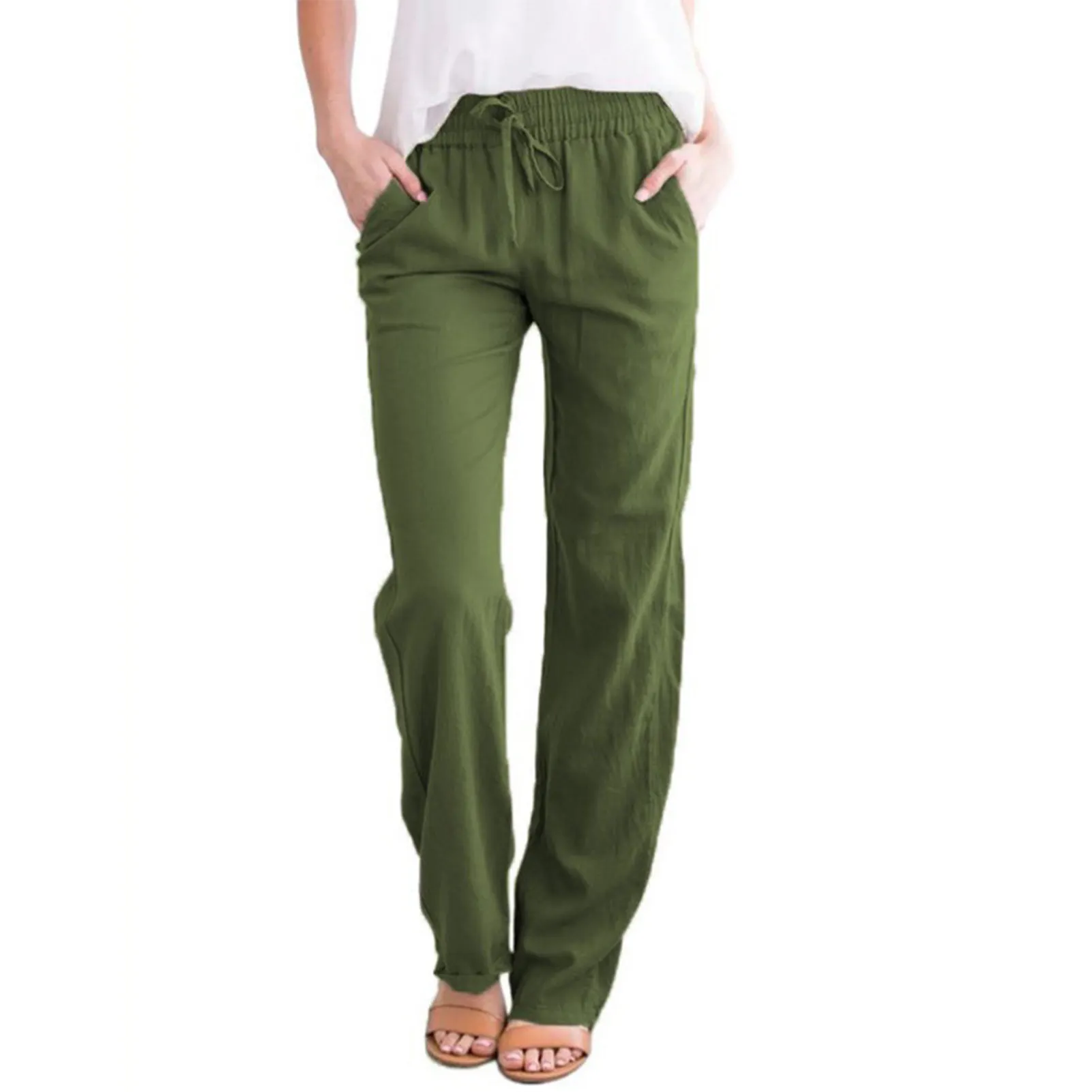 Pantaloni Casual da donna in cotone e lino con coulisse pantaloni da spiaggia larghi elastici in vita con tasche per il sonno in spiaggia per le vacanze