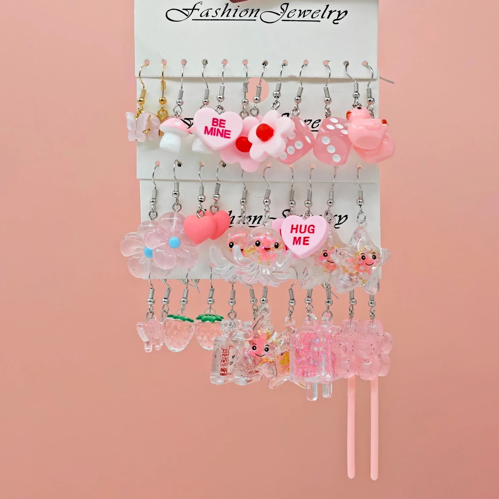 30pcs Cross border New Ins Sweet and Cute Girl's Fresh Earrings Pink Butterfly Lollipop Fluorescent Starfish Flower Earrings