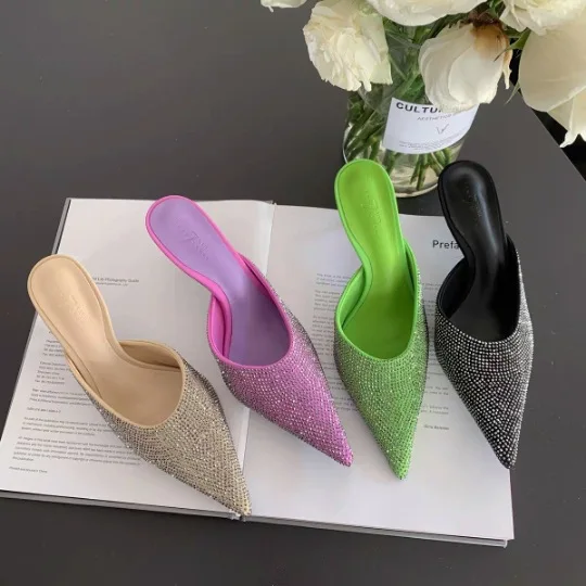 

Outer Slippers Summer New Thin Heels Bag Head High Heels Women's Summer Pointed Sandals Purple Green Heels