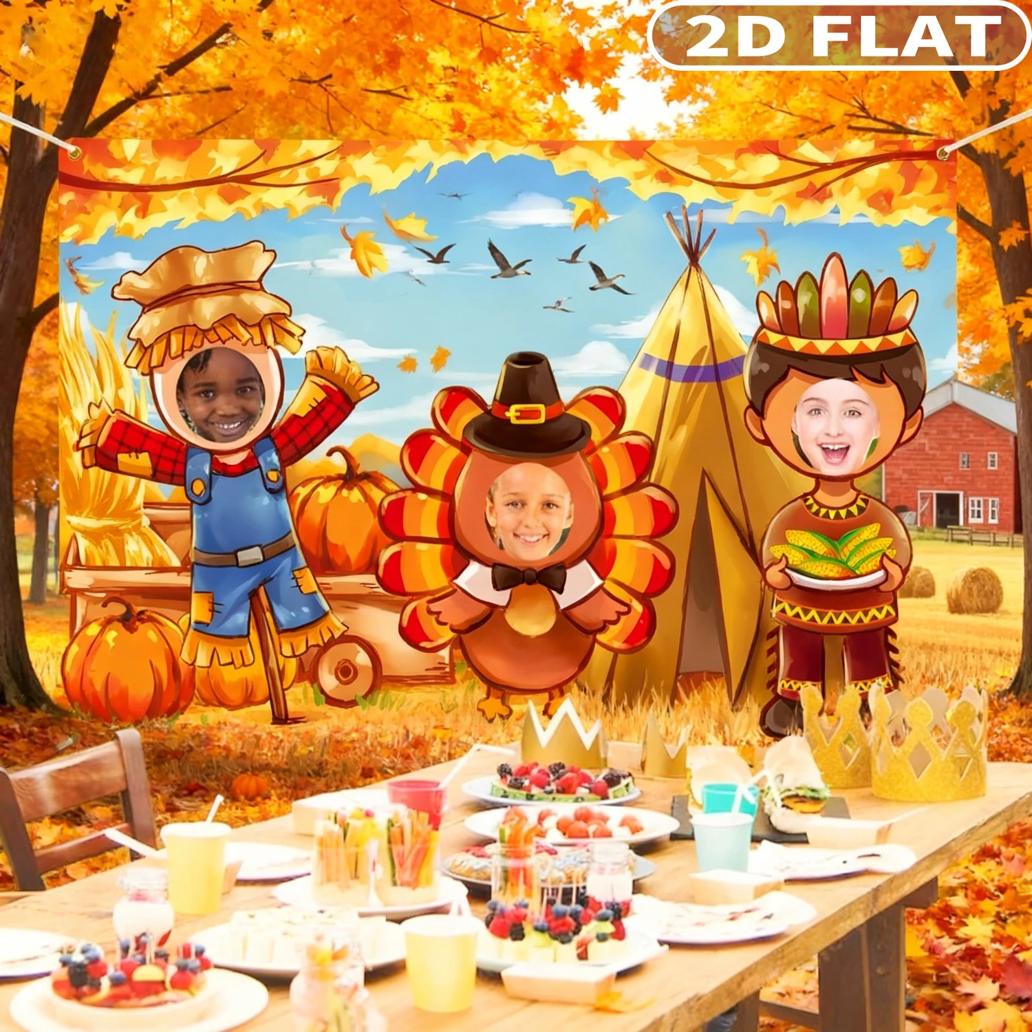 

1pc Thanksgiving Face in Hole Party photo booth props Banner, 5x3.3 ft, Scarecrow Turkey Face Cutout Photo Props, Party Backdrop