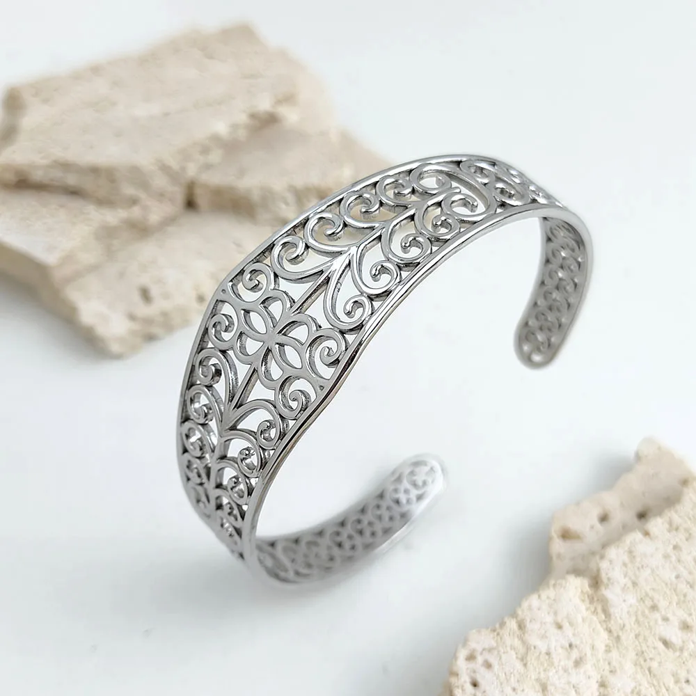 أساور جديدة منحوتة على شكل زهرة، أساور نسائية أنيقة من الفولاذ المقاوم للصدأ مخصصة، مجوهرات قديمة، تصميم مفتوح، هدايا للنساء #3