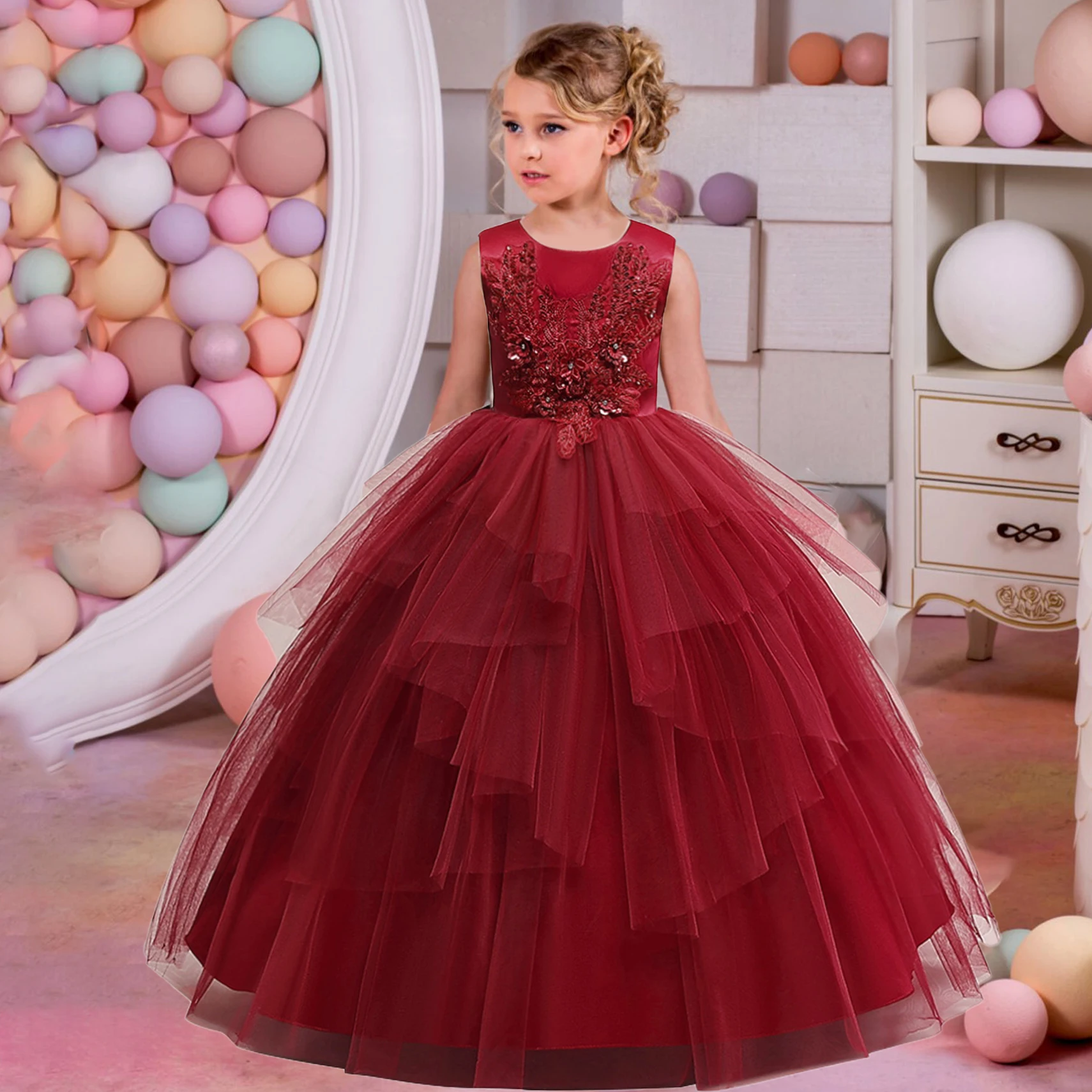 

Fluffy Red Flower Party Dresses for Girl Christmas Costume Tulle Birthday Wedding Princess Prom Dress Bow Bridemaid Evening Gown