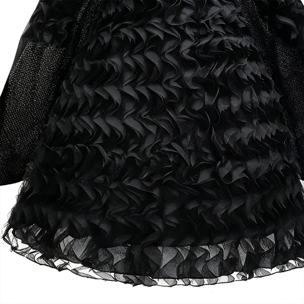 Schwarzes Hexenkostüm für Mädchen, gerüschtes Tüllkleid mit Umhang, langärmeliges gotisches Abendkleid für Kinder, Halloween, Karneval, Geburtstagsfeier – Detail 6