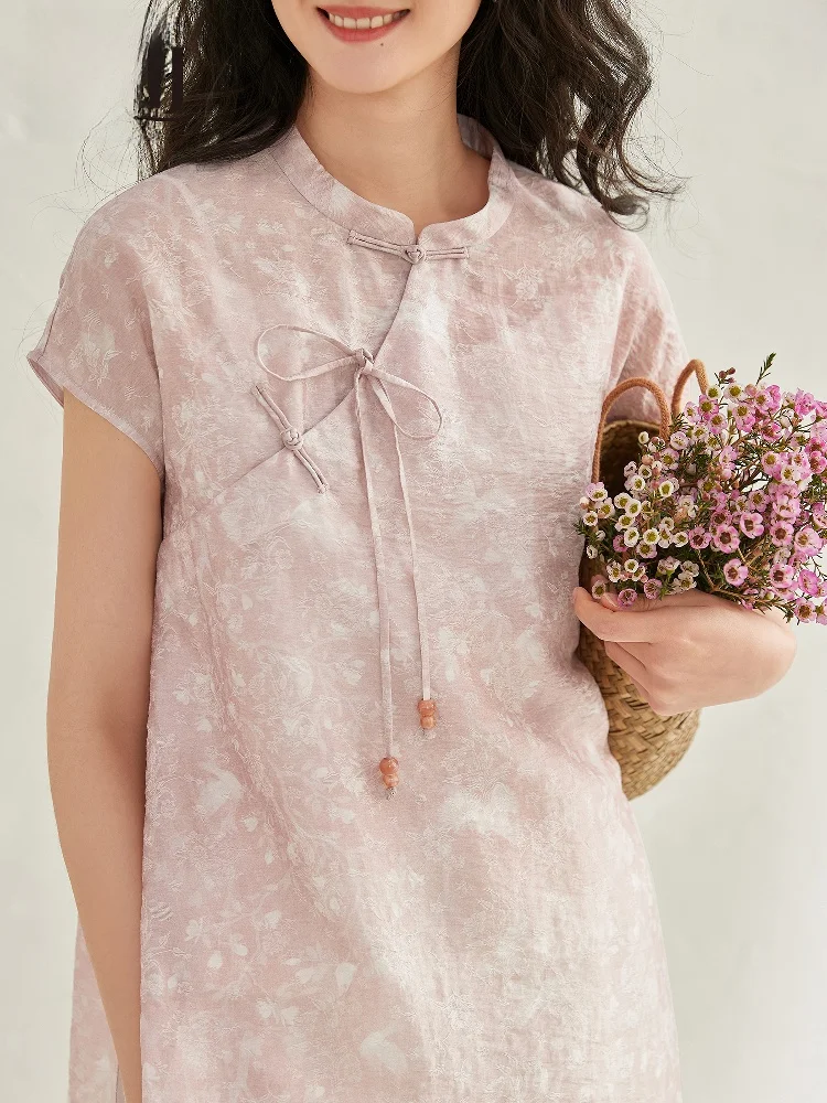 

Pink Chinese Style Shirt Women's Design Sensation Print Top Summer Casual Artistic Blouse Loose Fit Short Sleeve