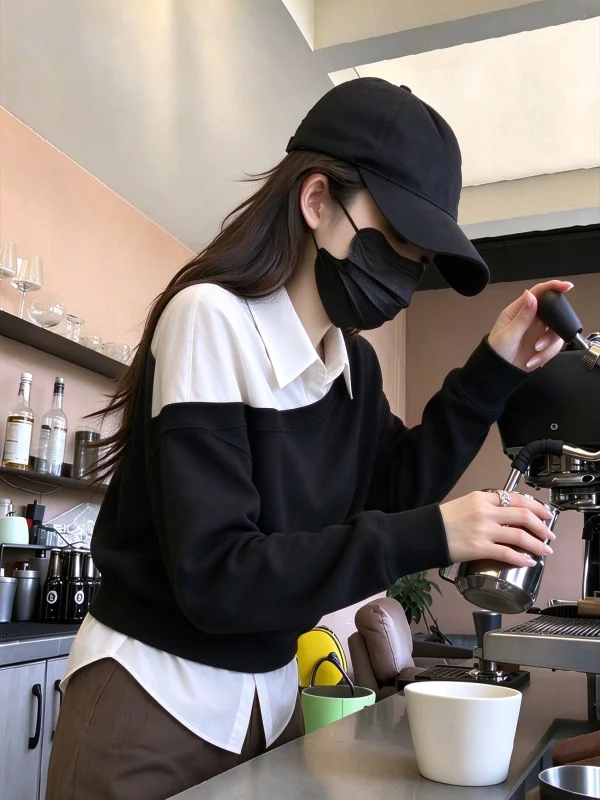 Loose Long Sleeve  Neck Sweatshirt Women's Style Korean Black Fake Two-Piece Casual Top Suitable for Layering And Single ...