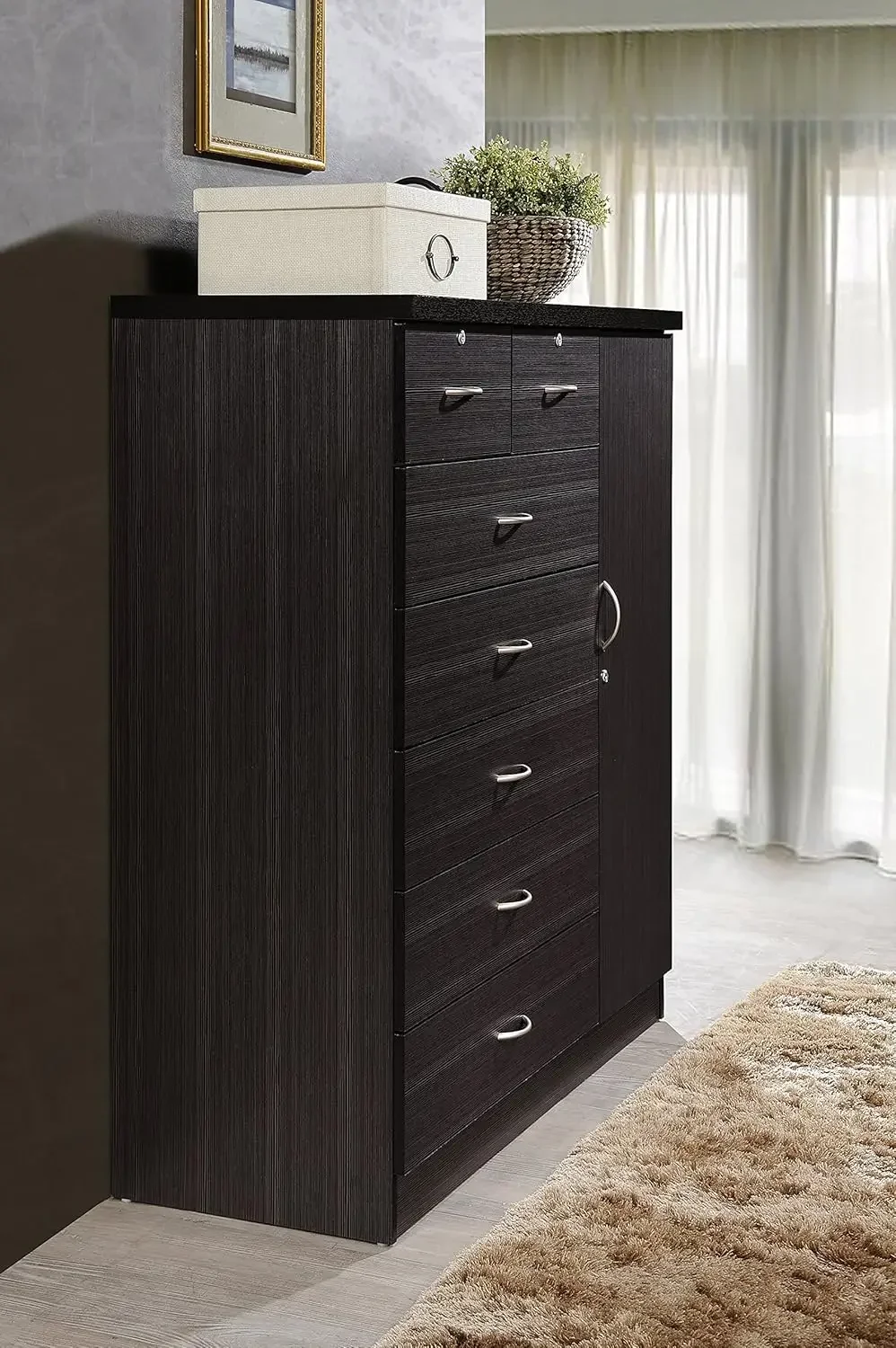 7 Drawer Jumbo Chest, Five Large Drawers, Two Smaller Drawers with Two Lock, Hanging Rod, and Three Shelves | Chocolate