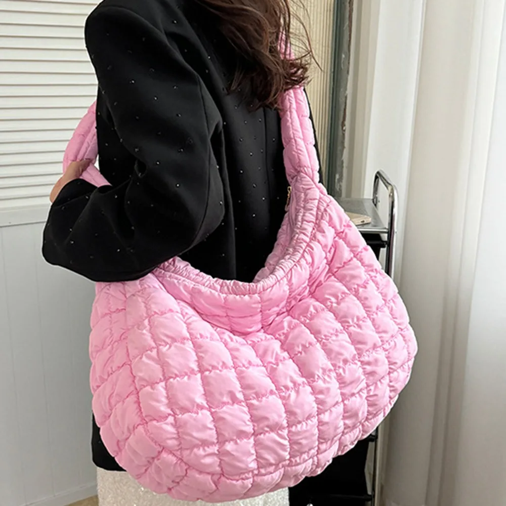 

Padding Quilted Tote Bag for Women Quilted Lightweight Shoulder Bag Large Capacity Solid Color Puffer Tote Bag Women Girls