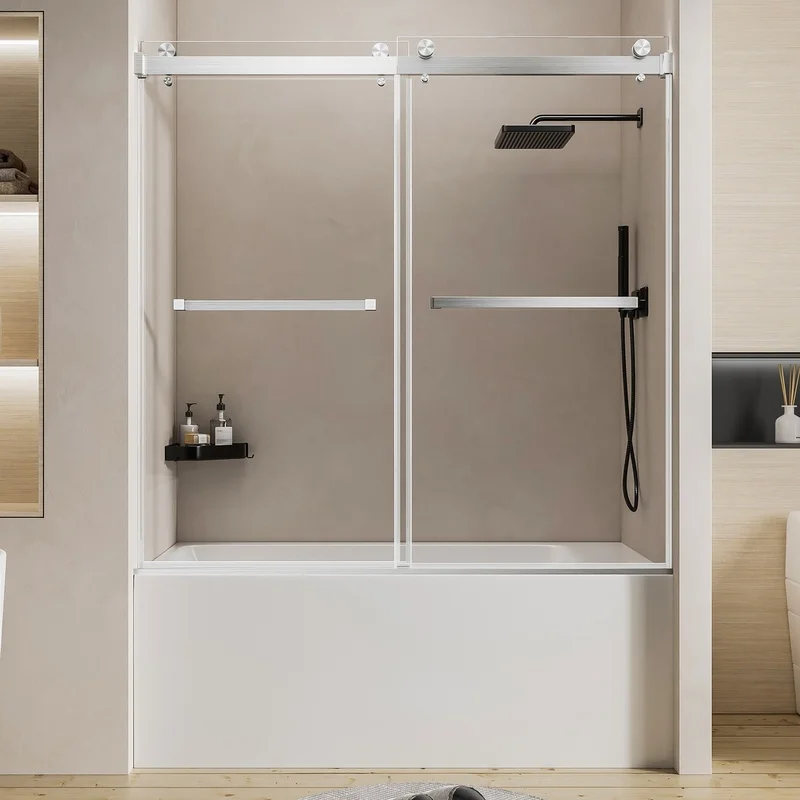 

Frameless Double Sliding Shower Door, 56-60" W x 60" H, 1/4" Tempered Glass with Safety Film, Stainless Steel Brushed Nickel Hardware
