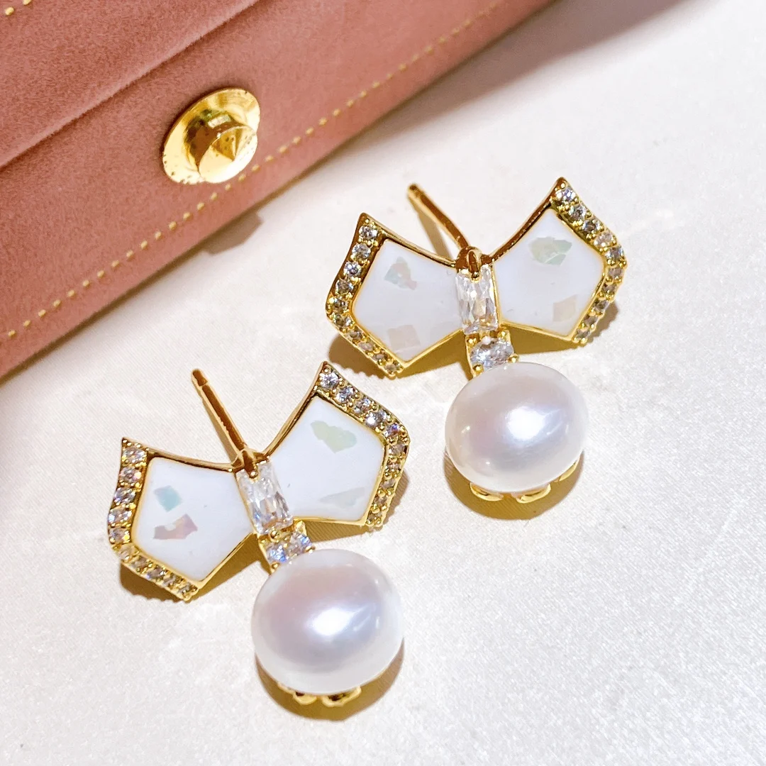 

8-9mm Bowknot Design Shinning Zircon Drop Natural Pearl Earrings Women Handmade Jewelry Gifts