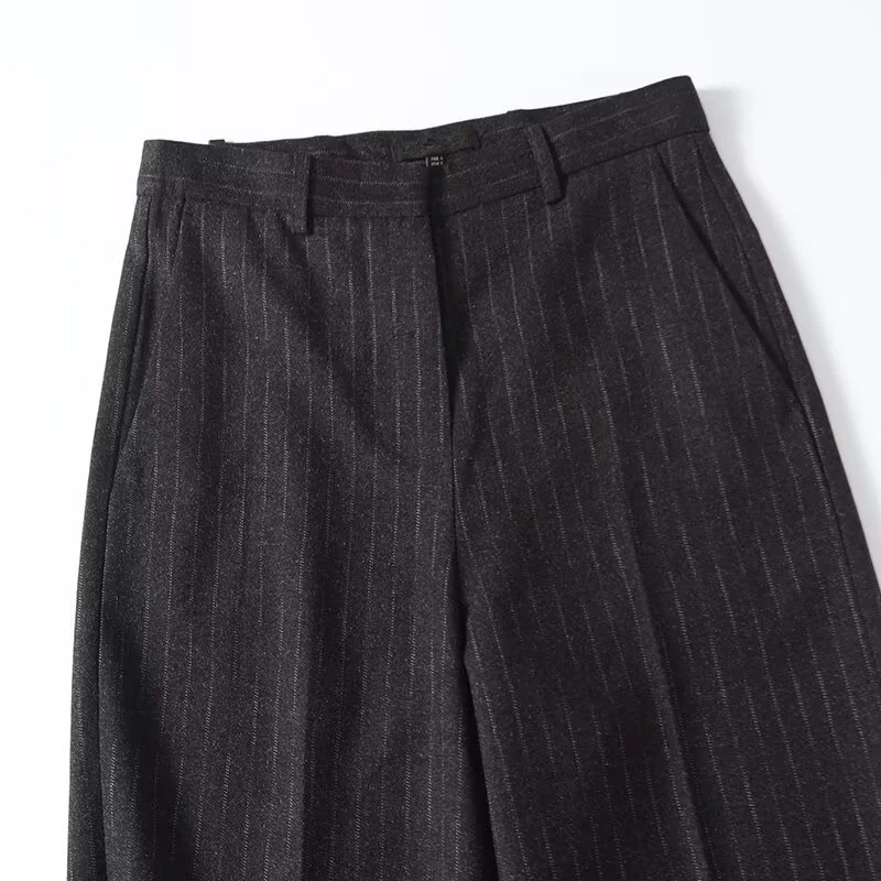 Dave&Di Francuskie spodnie biurowe w stylu office lady, szare, flanelowe, do pracy, zimowe, vintage, w paski, luźne, proste, spodnie damskie, odzież damska