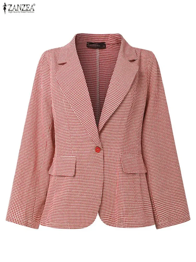 2025 ZANZEA Fashion Musim Gugur Blazer Kotak-Kotak Wanita Lengan Panjang Setelan Kasual Longgar Elegan Mantel Kantor Wanita Musim Dingin Kancing Luaran