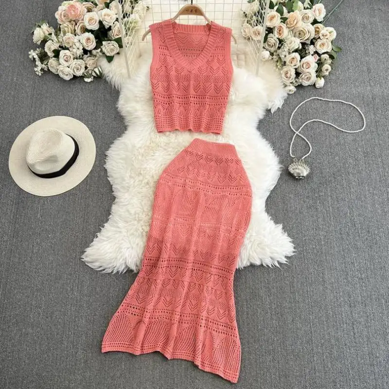 

Осень 2023, новые женские комплекты из двух предметов с юбкой, элегантные тонкие рубашки без рукавов с v-образным вырезом, топы, юбки-русалки с высокой талией, наряды