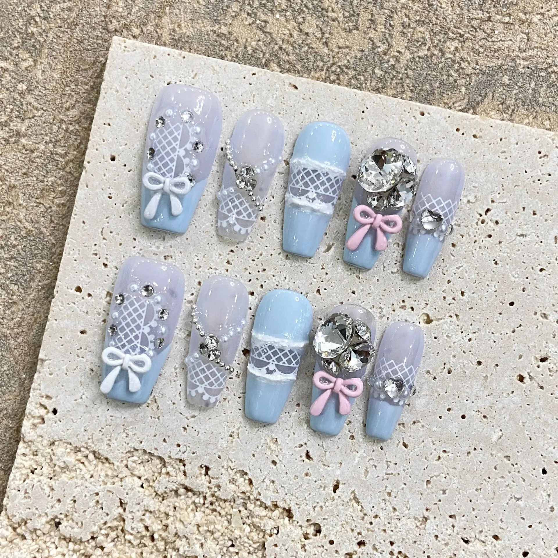 

10Pcs Light Blue Press on Nails French Style Fake Nails White/Pink Bowknot Rhinestone Designs Ballet Wearable Manicure Nail Tips